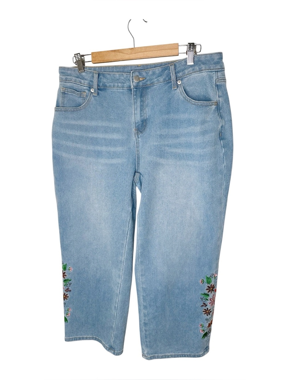 Flamingals Size XL 12-14 Cropped Floral Embroidered Jeans Straight Leg Blue